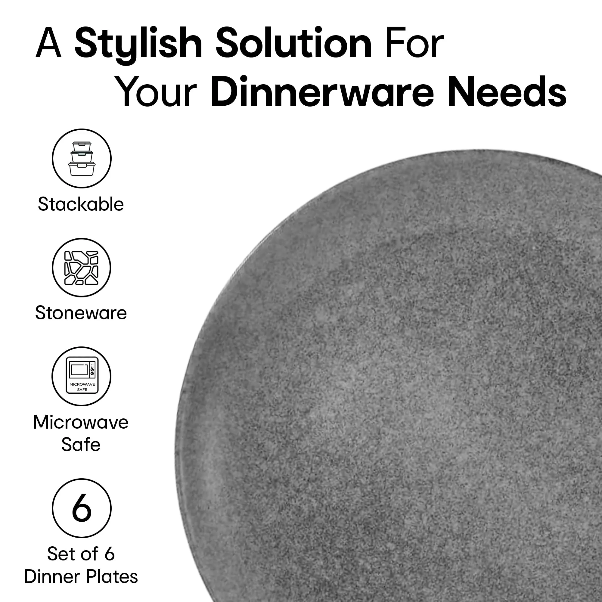 Anko Glazed Stoneware Dinner Plate - Set of 6 | Light-Weight Daily use Premium Crockery for Dining Table, Home, Restaurant, Gifting | Aesthetic Designer dinnerware Full Plates | 10", Grey