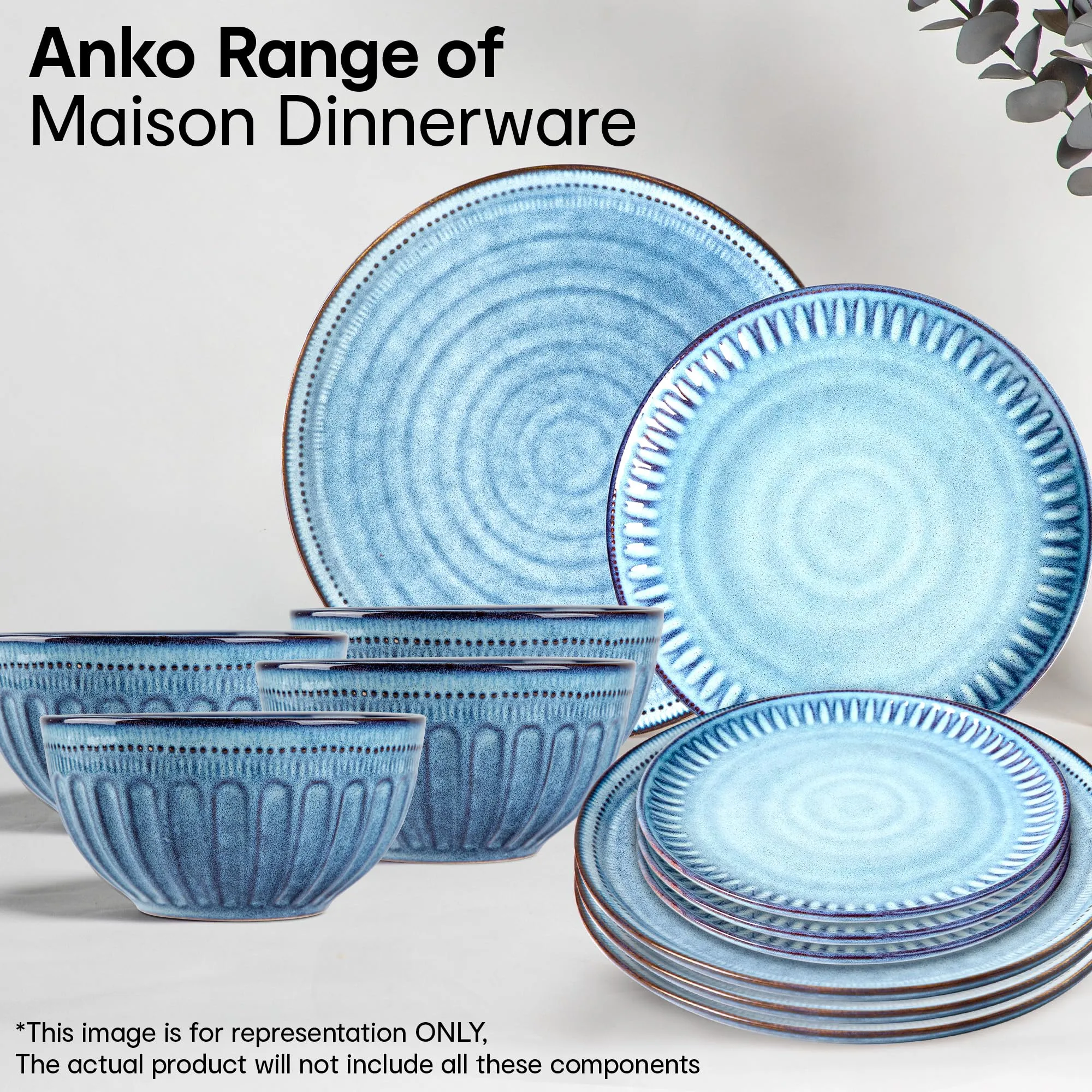 Anko Maison Stoneware Dinner Plate - Set of 6 | Light-Weight Daily use Premium Crockery for Dining Table, Home, Restaurant, Gifting | Aesthetic Designer dinnerware Full Plates | 11", Blue