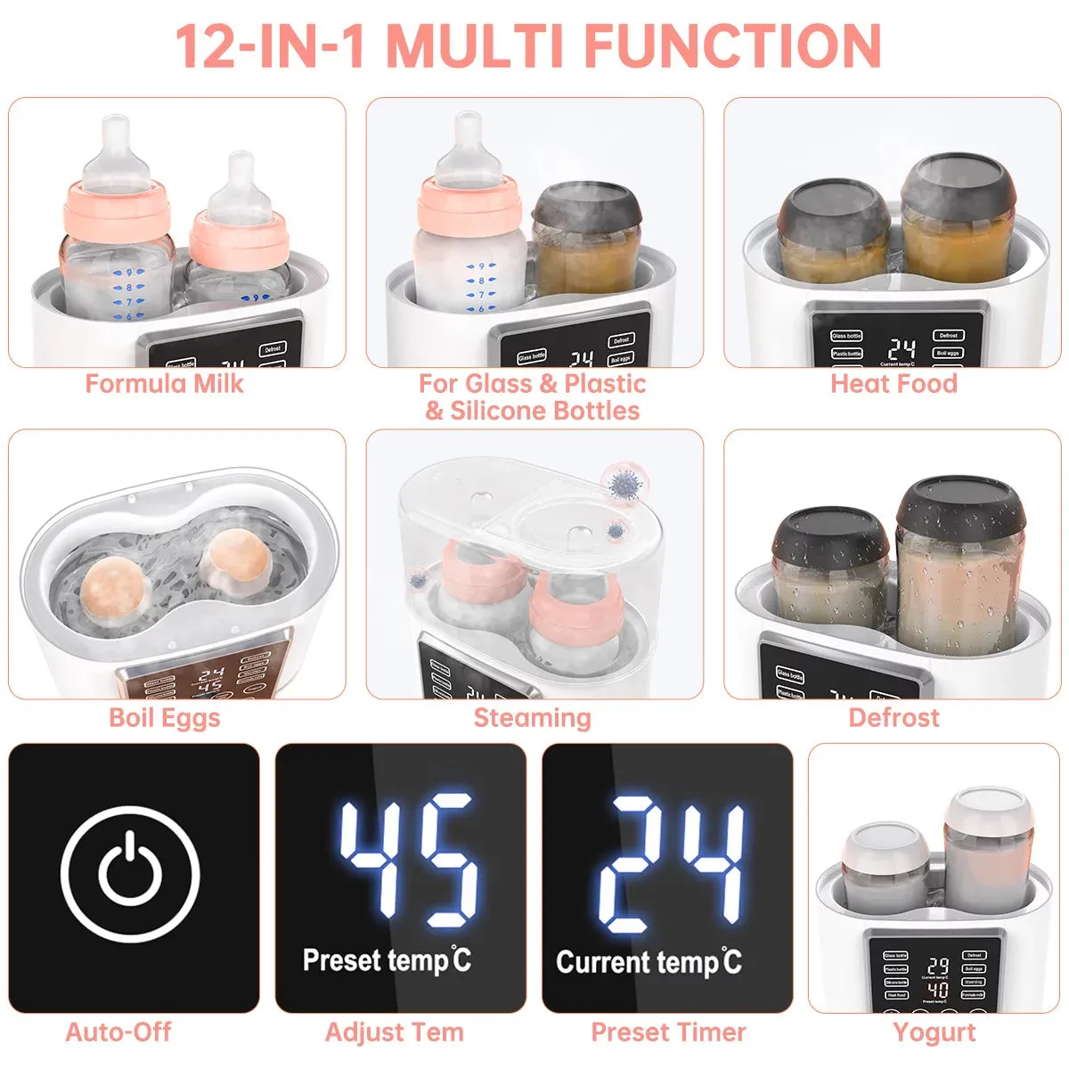 Bottle Warmer 12-In-1 Baby Double Bottles Warmer Fast Baby Food Heater