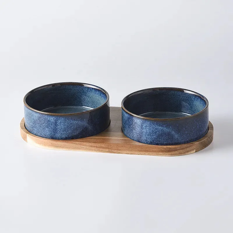 Ceramic Bowls w/ Wooden Tray