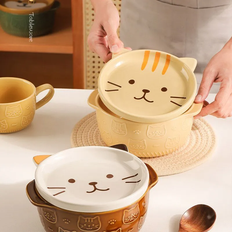 Cute Ceramic Cat Dog Noodle Bowls with Lid