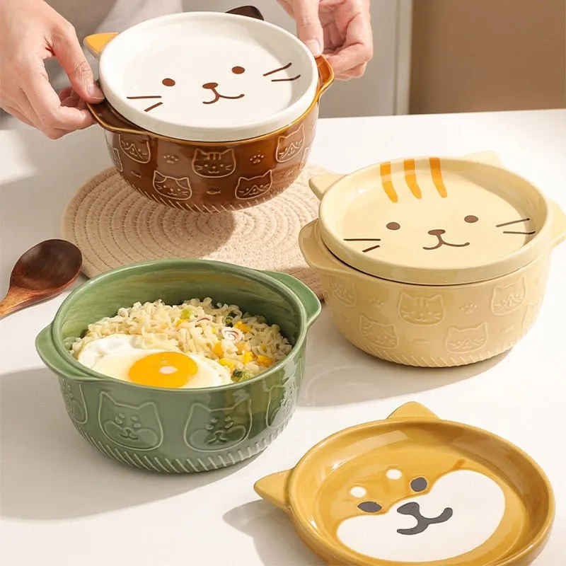 Cute Ceramic Cat Dog Noodle Bowls with Lid