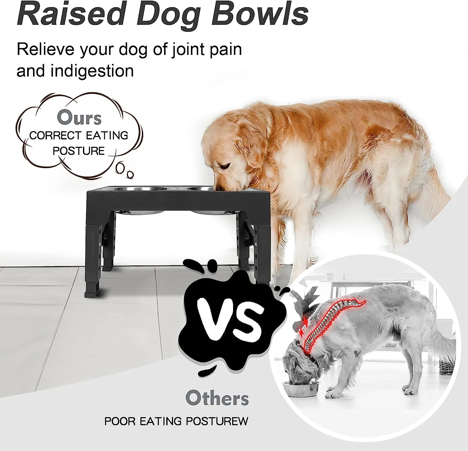 Dog Bowl Stand Table with 2 Stainless Steel Bowls and 1 Slow Food Bowl