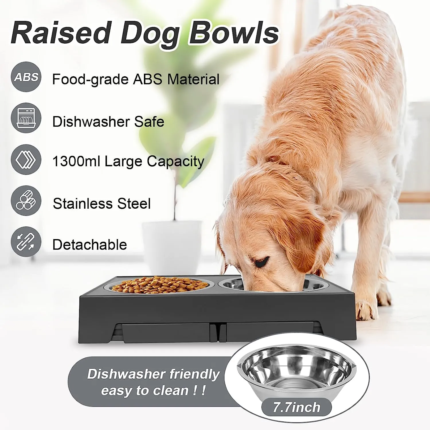 Dog Bowl Stand Table with 2 Stainless Steel Bowls and 1 Slow Food Bowl