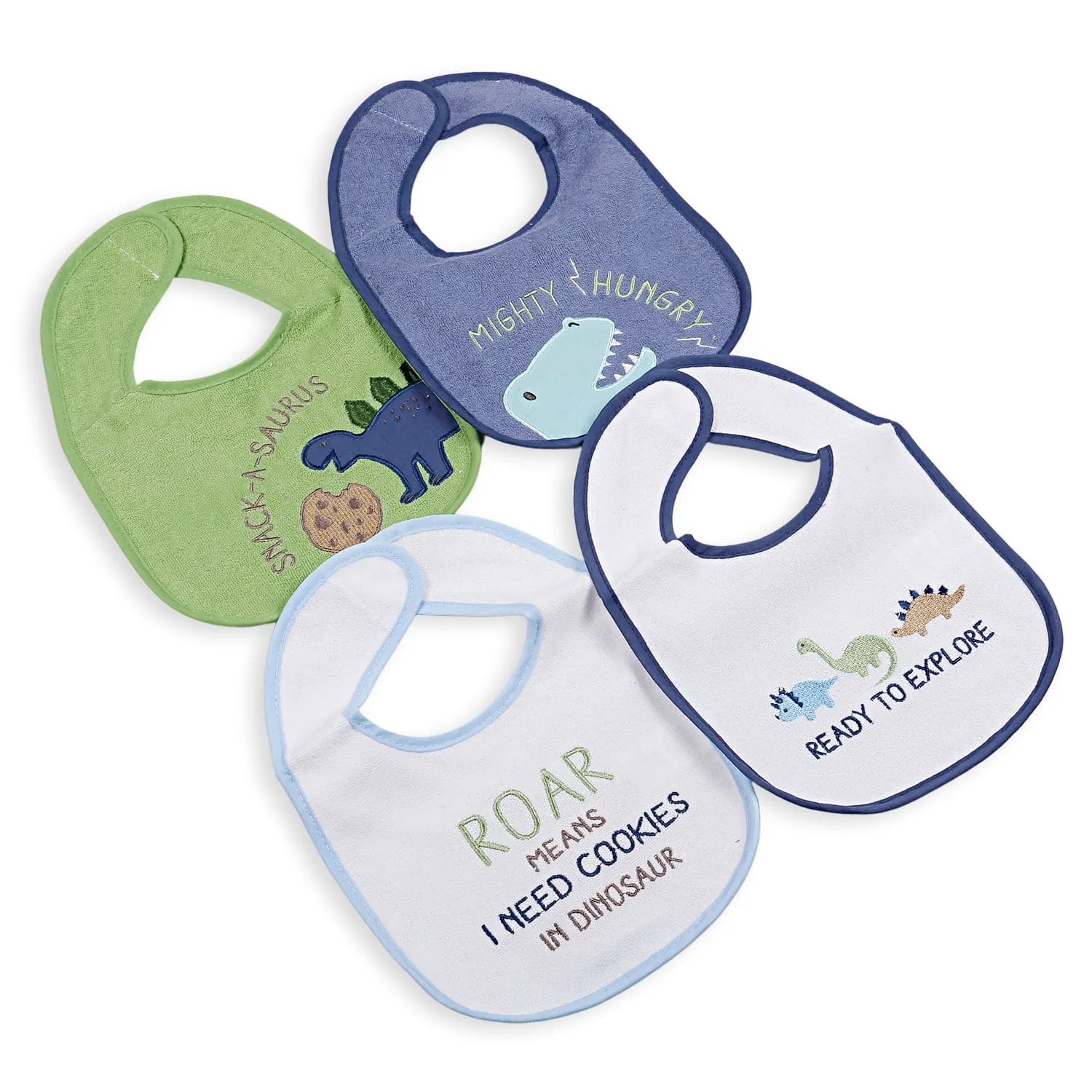 Feeding Bibs Pack Of 4 Hungry Dinosaur White Green And Blue