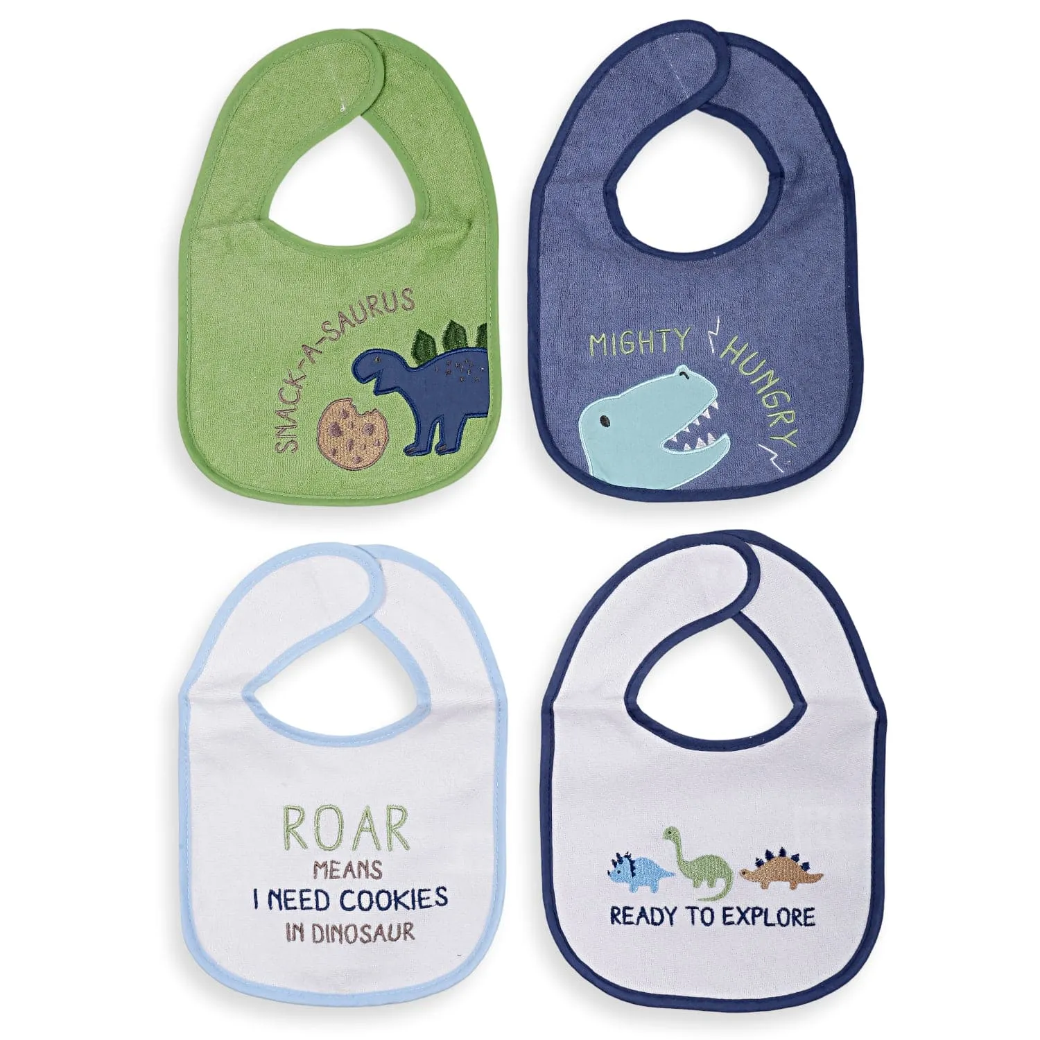 Feeding Bibs Pack Of 4 Hungry Dinosaur White Green And Blue