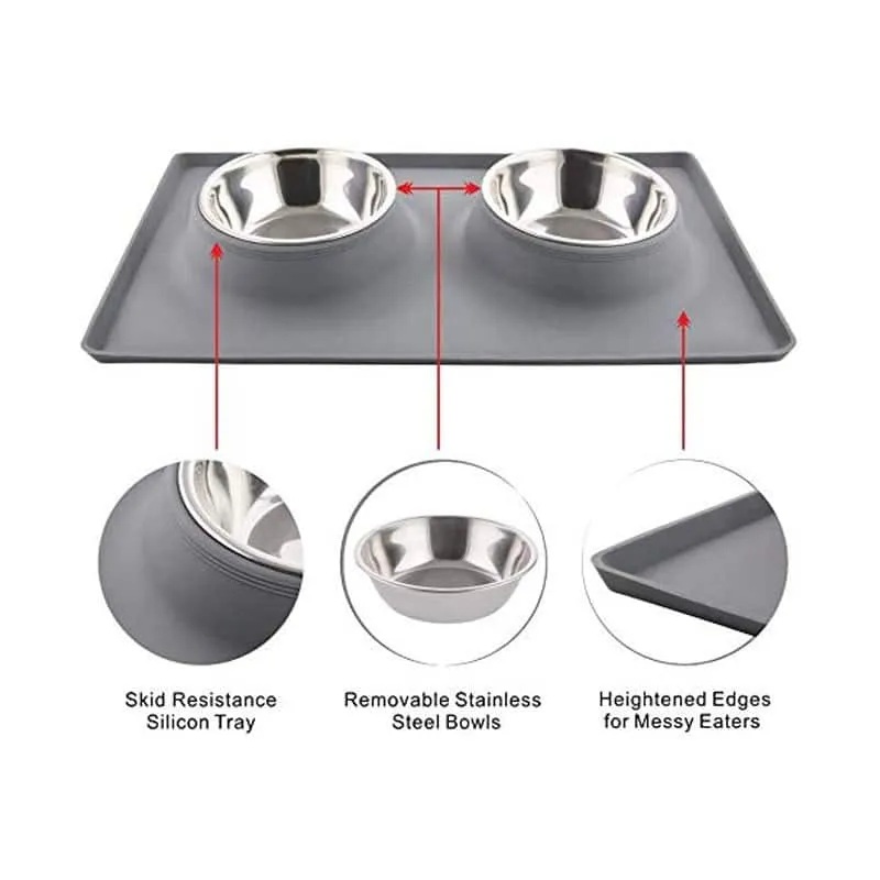 Goofy Tails Rectangle Silicone Double Dinner with Stainless Steel Food Bowl For Dogs (Grey)