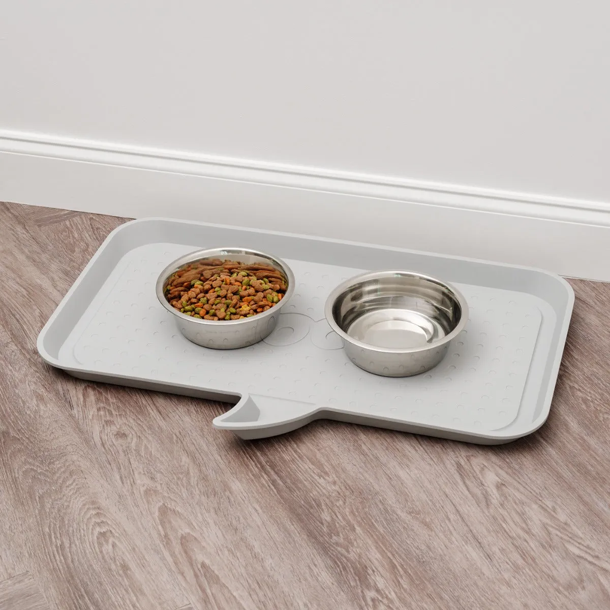 Large "WOOF" Feeding Mat for Dog or Cat, Light Gray