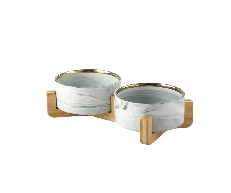 Marble and Bamboo Pet Bowl