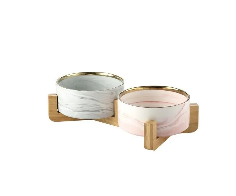 Marble and Bamboo Pet Bowl