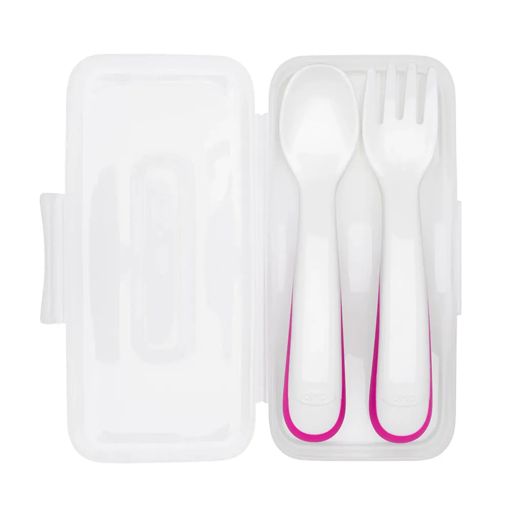 OXO Tot On-The-Go Plastic Fork & Spoon Set With Travel Case - Pink