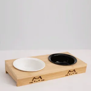 PetBesty Double Ceramic Cat Bowl with Bamboo Stand