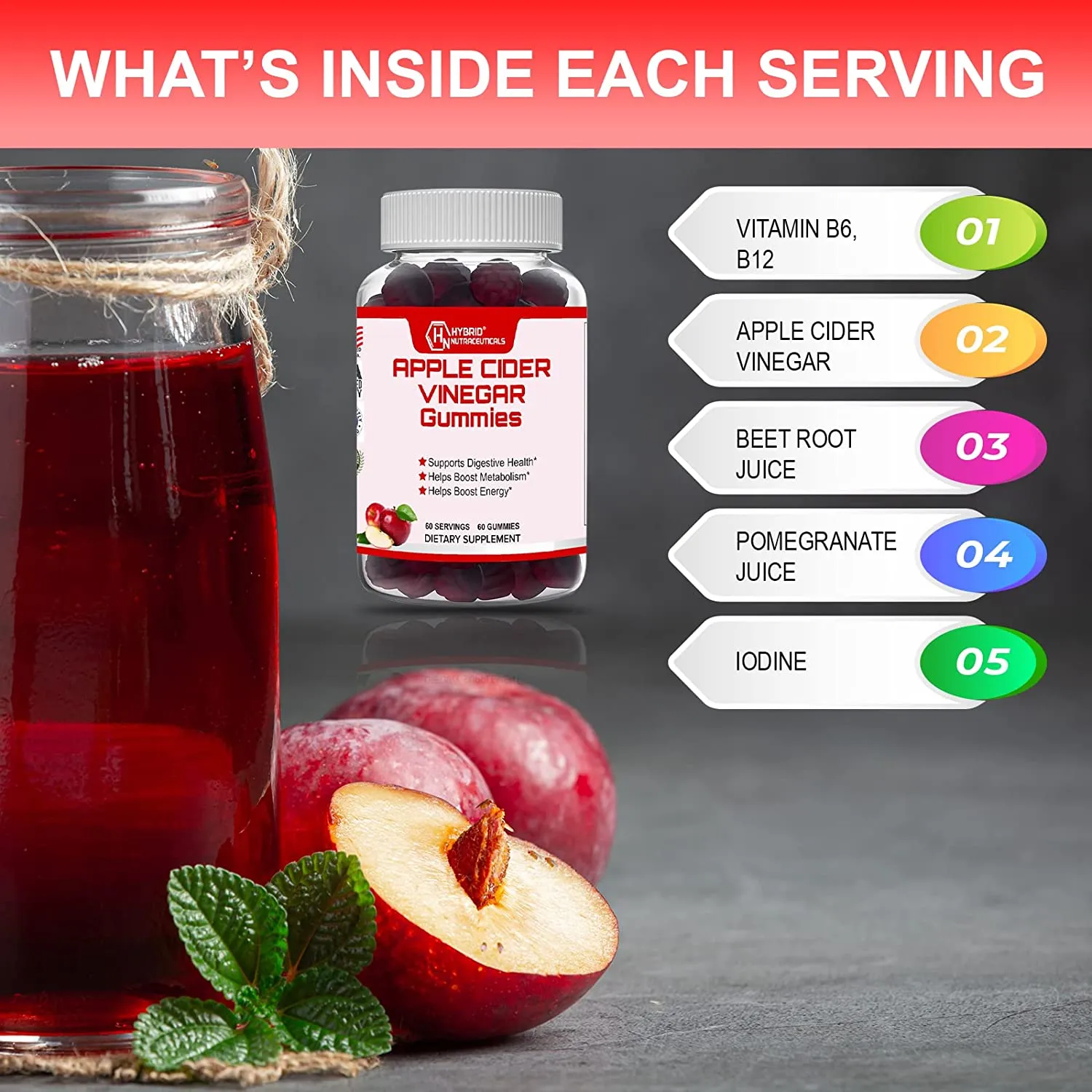 Pure Apple Cider Vinegar Gummies with Vitamins B-9, B-12, Pomegranate Juice, Beet Root Juice