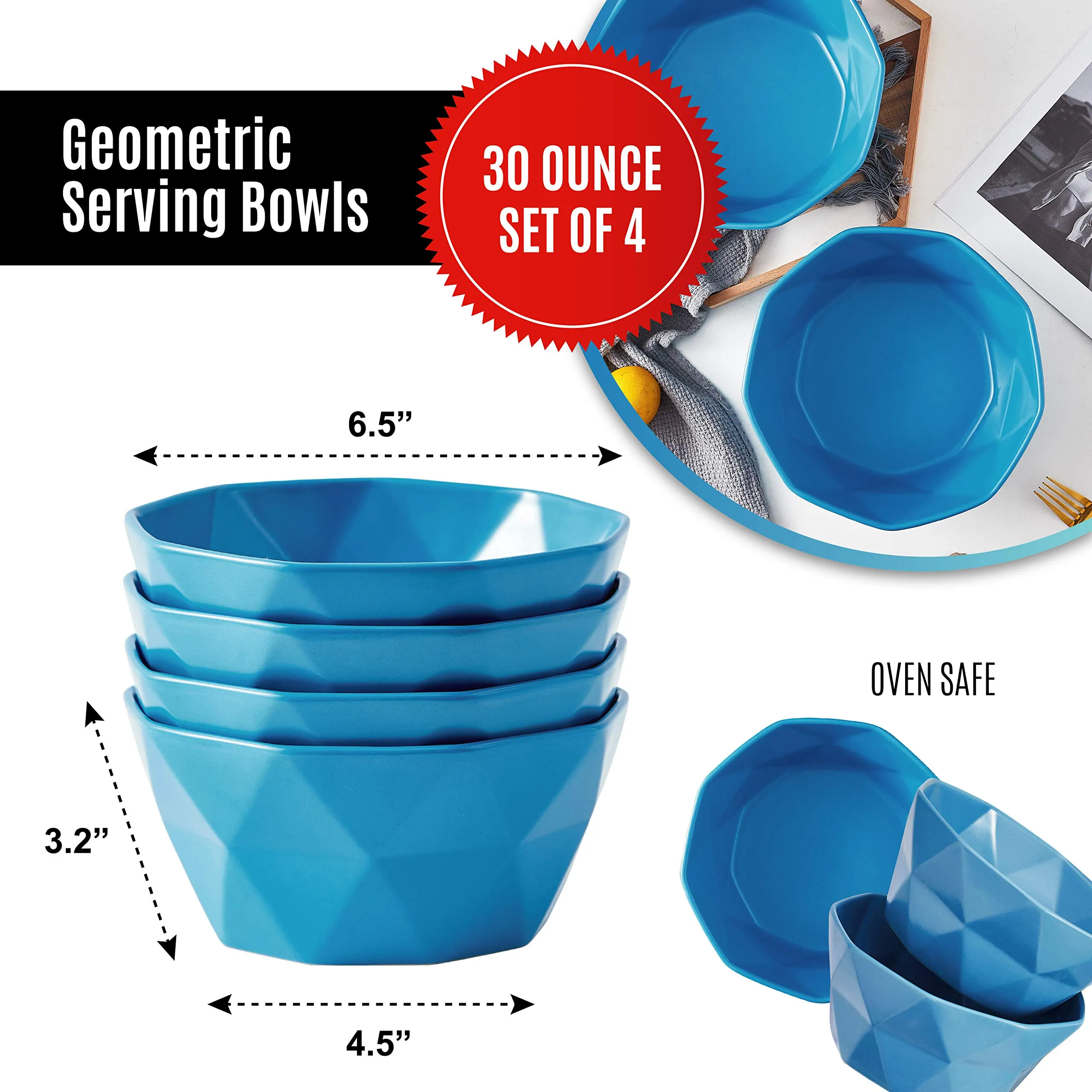 Set of 4 Geometric 30 Ounce Soup Bowls - Elegant Stackable Ceramic Bowls for Kitchen